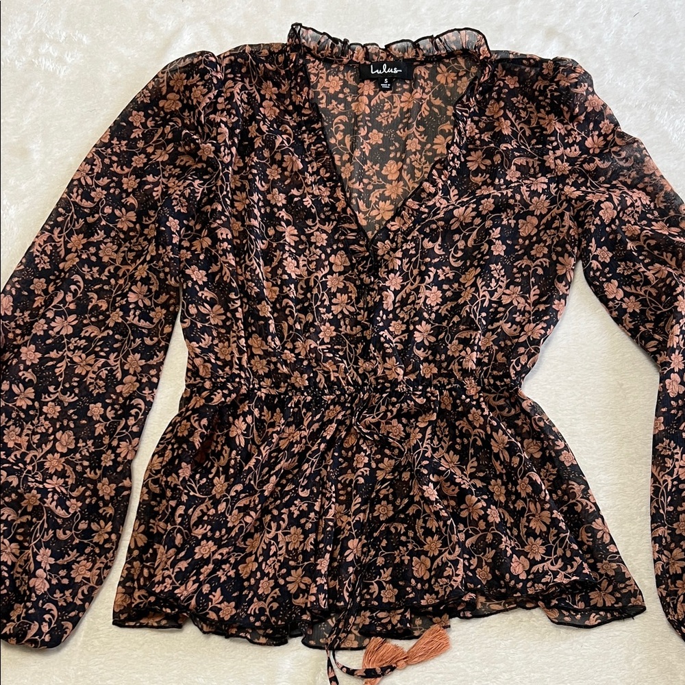 Lulu's She’s The Sweetest Black and Brown Floral Long Sleeve Sheer Blouse Size S - Picture 6 of 12